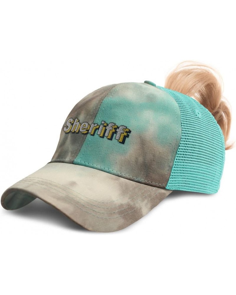 Womens Ponytail Cap Sheriff Western Cotton Hat Distressed Trucker Hat Tie Dye Aqua Design Only $13.95 Baseball Caps