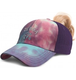 Womens Ponytail Cap I'll Bring The Ivs Cotton Distressed Trucker Hats Tie Dye Purple $16.42 Baseball Caps