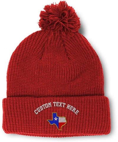 Custom Pom Pom Beanies for Women Texas State Flag Map A Embroidery Skull Cap Winter Hats for Men 1 Size Red Personalized Text...