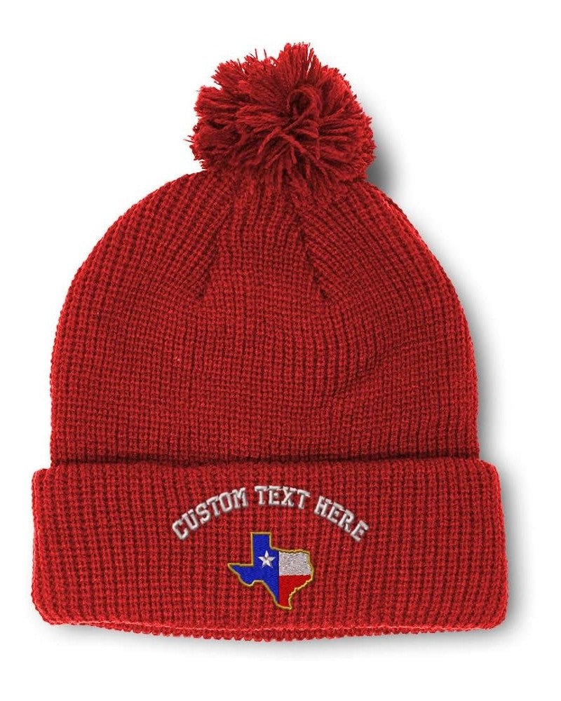 Custom Pom Pom Beanies for Women Texas State Flag Map A Embroidery Skull Cap Winter Hats for Men 1 Size Red Personalized Text...