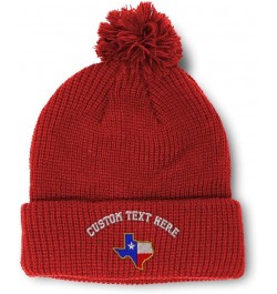 Custom Pom Pom Beanies for Women Texas State Flag Map A Embroidery Skull Cap Winter Hats for Men 1 Size Red Personalized Text...