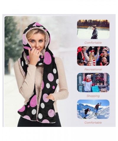 Women Winter Warm Hoodie Hat Scarf Gloves Pocket Warm Hat Pink Polka Dot Long Scarf Wraps $17.97 Scarves