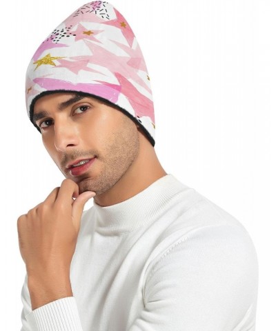 Christmas Pink Gold Stars Beanie Hat Men Slouchy Skull Cap Warm Knit Women Winter Cuffed Plain Hat $18.14 Skullies & Beanies