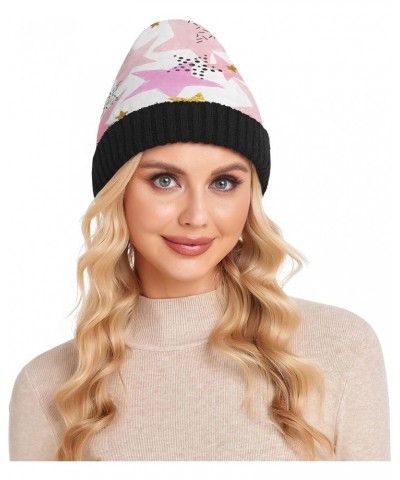 Christmas Pink Gold Stars Beanie Hat Men Slouchy Skull Cap Warm Knit Women Winter Cuffed Plain Hat $18.14 Skullies & Beanies