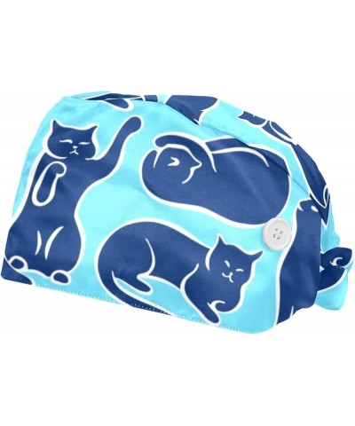 2 Pack Bouffant Caps Cartoon Cat Print Pattern Ponytail Scrub Cap with Buttons Adjustable Working Hats, Multicoloured Color 7...