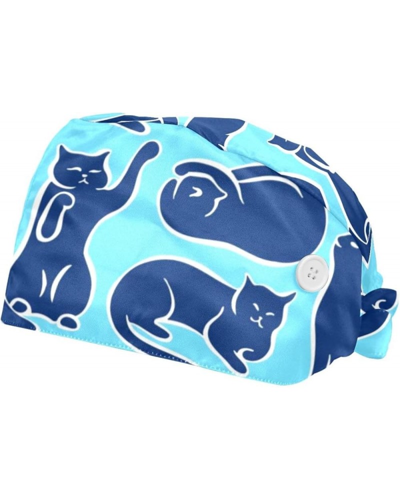 2 Pack Bouffant Caps Cartoon Cat Print Pattern Ponytail Scrub Cap with Buttons Adjustable Working Hats, Multicoloured Color 7...