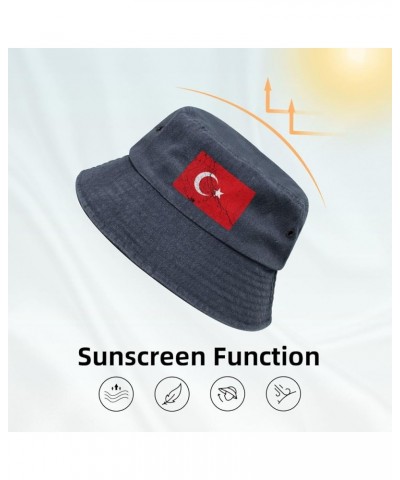 Flag of Turkey Texture Effect Bucket Hat for Men Women Outdoor Washed Cotton Sun Hats Travel Beach Hat Navy Blue $12.19 Bucke...