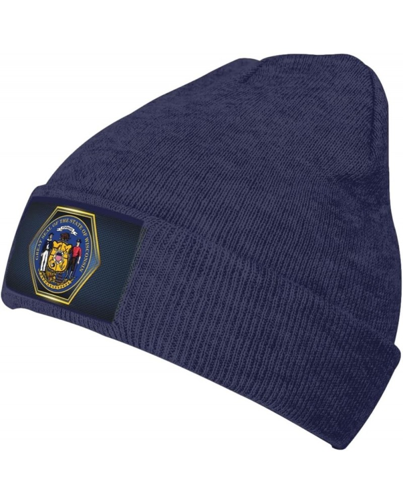 Seal of Wisconsin Knitted Hat Acrylic Cold Weather Hat Warm Brimless hat Elastic Force Caps Navy Blue $13.17 Skullies & Beanies