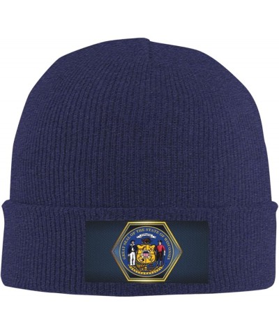 Seal of Wisconsin Knitted Hat Acrylic Cold Weather Hat Warm Brimless hat Elastic Force Caps Navy Blue $13.17 Skullies & Beanies