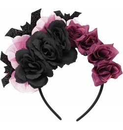 Halloween Headband for Women Halloween Bat Flower Veil Hair Hoop Purple and Black Halloween Headpiece Halloween Cosplay Dress...