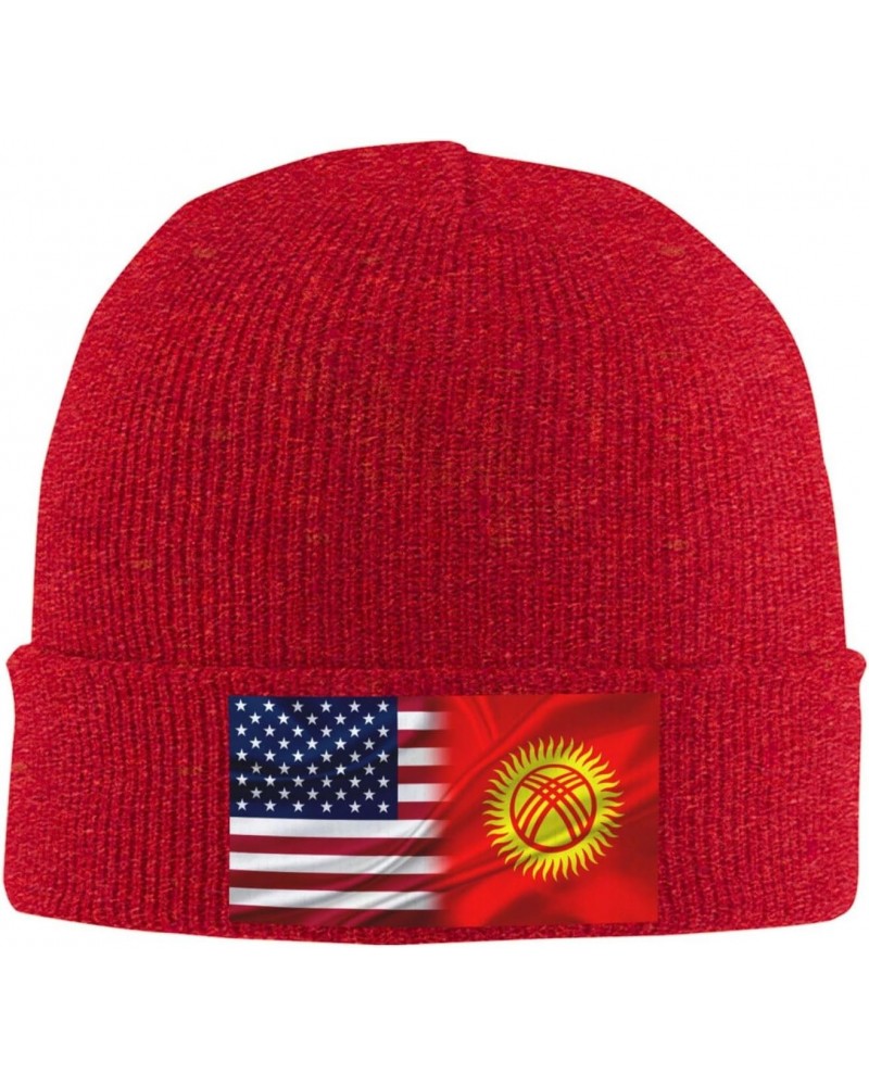 Kyrgyzstan America Flag Beanie Hat Skull Knit Warm Cap Women Men Soft Stretch for Winter7 Red $13.75 Skullies & Beanies