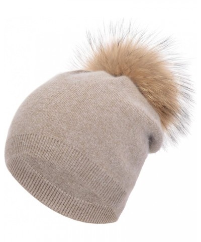 Women Cashmere Winter Slouchy Knit Beanie Hat with Real Fur Pom Pom Winter Beanie Knit Stocking Cap Ski Hat Khaki $21.72 Skul...