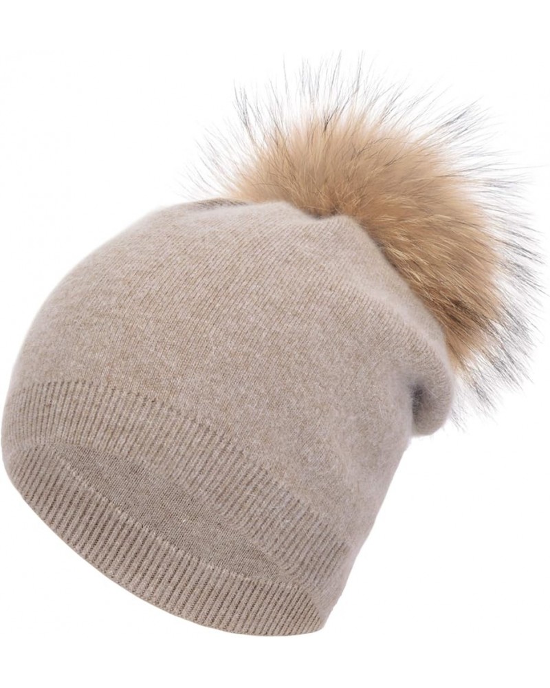 Women Cashmere Winter Slouchy Knit Beanie Hat with Real Fur Pom Pom Winter Beanie Knit Stocking Cap Ski Hat Khaki $21.72 Skul...