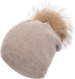 Women Cashmere Winter Slouchy Knit Beanie Hat with Real Fur Pom Pom Winter Beanie Knit Stocking Cap Ski Hat Khaki $21.72 Skul...