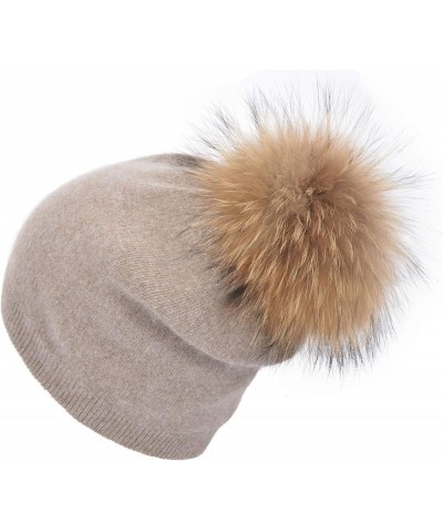 Women Cashmere Winter Slouchy Knit Beanie Hat with Real Fur Pom Pom Winter Beanie Knit Stocking Cap Ski Hat Khaki $21.72 Skul...