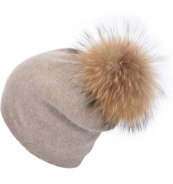 Women Cashmere Winter Slouchy Knit Beanie Hat with Real Fur Pom Pom Winter Beanie Knit Stocking Cap Ski Hat Khaki $21.72 Skul...