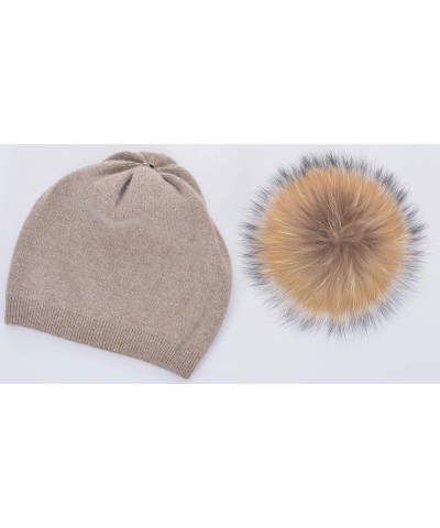 Women Cashmere Winter Slouchy Knit Beanie Hat with Real Fur Pom Pom Winter Beanie Knit Stocking Cap Ski Hat Khaki $21.72 Skul...