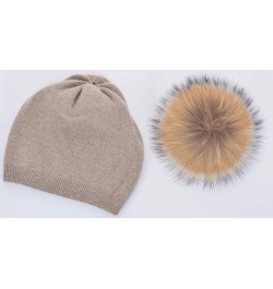 Women Cashmere Winter Slouchy Knit Beanie Hat with Real Fur Pom Pom Winter Beanie Knit Stocking Cap Ski Hat Khaki $21.72 Skul...