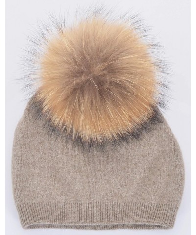 Women Cashmere Winter Slouchy Knit Beanie Hat with Real Fur Pom Pom Winter Beanie Knit Stocking Cap Ski Hat Khaki $21.72 Skul...