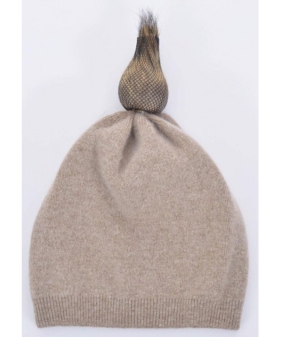 Women Cashmere Winter Slouchy Knit Beanie Hat with Real Fur Pom Pom Winter Beanie Knit Stocking Cap Ski Hat Khaki $21.72 Skul...