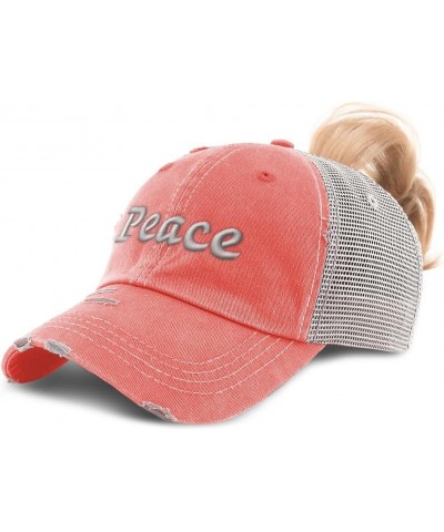 Womens Ponytail Cap Peace Style B Cotton Distressed Trucker Hats Coral $14.50 Baseball Caps