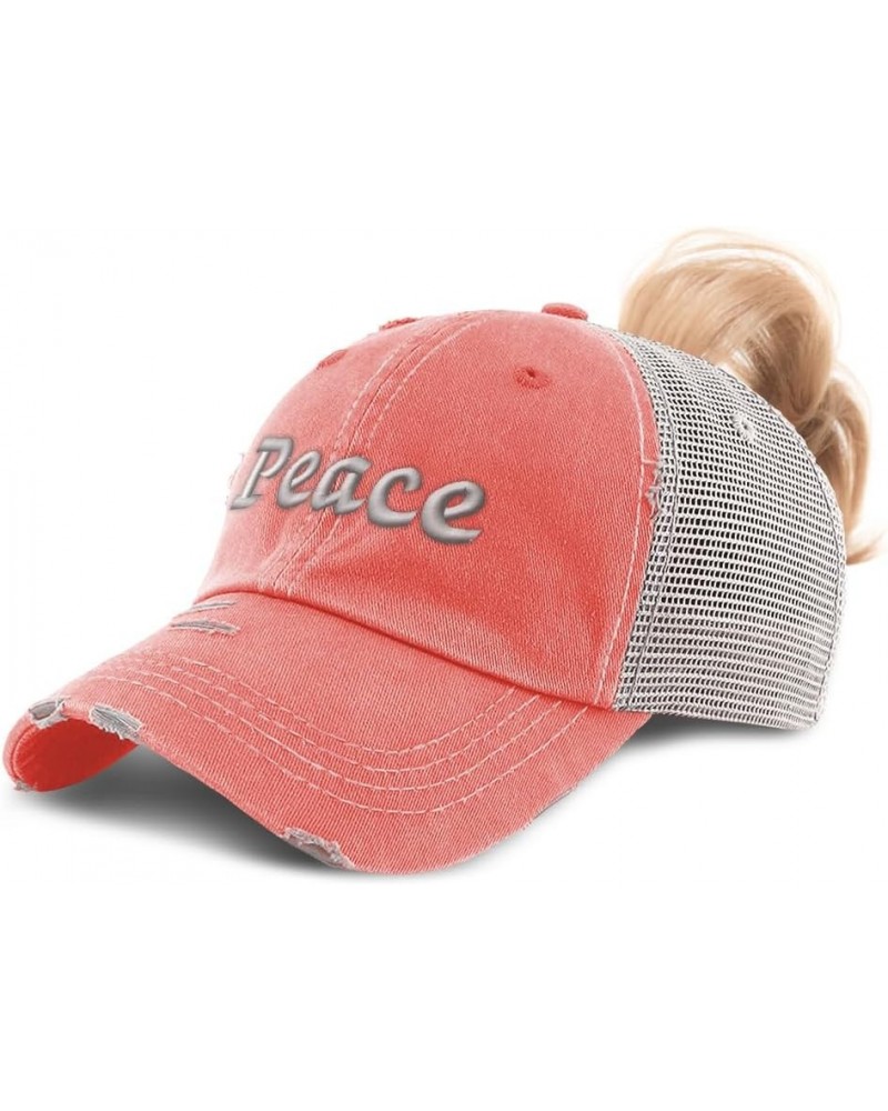 Womens Ponytail Cap Peace Style B Cotton Distressed Trucker Hats Coral $14.50 Baseball Caps