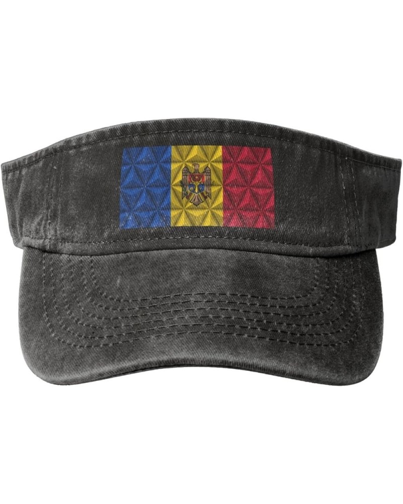 Flag of Moldova with Polygon Effect Sun Visor Hats for Women Men Adjustable Cotton Sun Hat Golf Cap Black $10.98 Sun Hats