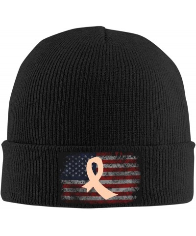 Uterine Cancer Awareness Ribbon American Flag Cozy Knitted Hat for Winter - Warm Comfort Black Black $14.86 Skullies & Beanies