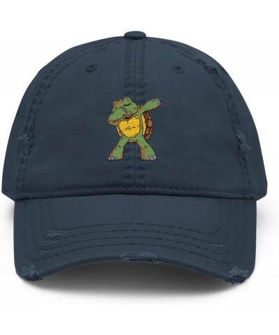 Turtle Dabbing Distressed Hat | Fun Dabbing Embroidered Distressed Dad Cap | Gift for Turtle Enthusiast Navy $15.90 Skullies ...