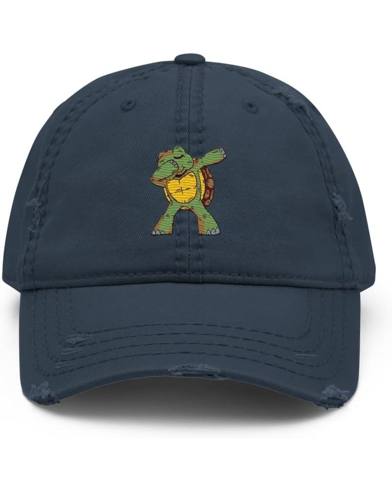 Turtle Dabbing Distressed Hat | Fun Dabbing Embroidered Distressed Dad Cap | Gift for Turtle Enthusiast Navy $15.90 Skullies ...