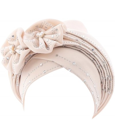 Women Beading Braid Hat Muslim Ruffle Cancer Wrap Cap Sleep Caps Satin Lined Hair Bonnets Leather for Women Beige $10.73 Skul...