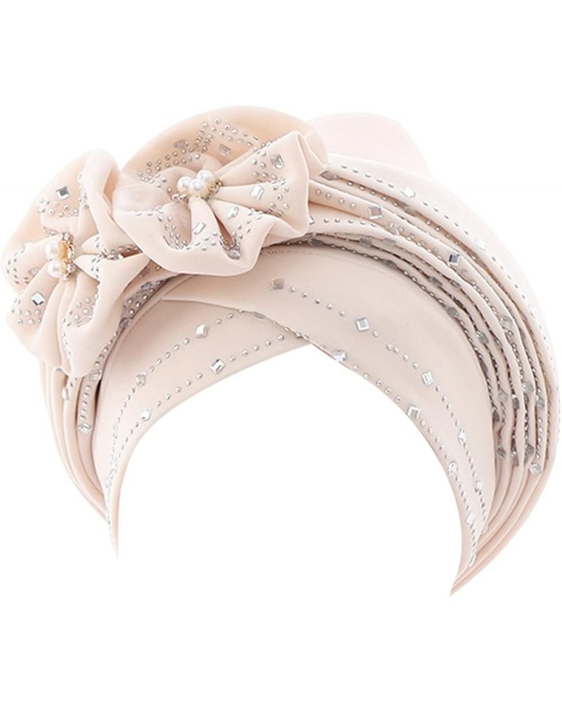 Women Beading Braid Hat Muslim Ruffle Cancer Wrap Cap Sleep Caps Satin Lined Hair Bonnets Leather for Women Beige $10.73 Skul...