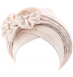 Women Beading Braid Hat Muslim Ruffle Cancer Wrap Cap Sleep Caps Satin Lined Hair Bonnets Leather for Women Beige $10.73 Skul...