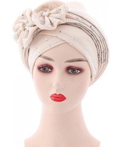 Women Beading Braid Hat Muslim Ruffle Cancer Wrap Cap Sleep Caps Satin Lined Hair Bonnets Leather for Women Beige $10.73 Skul...