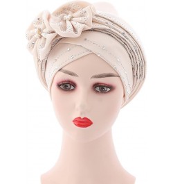 Women Beading Braid Hat Muslim Ruffle Cancer Wrap Cap Sleep Caps Satin Lined Hair Bonnets Leather for Women Beige $10.73 Skul...