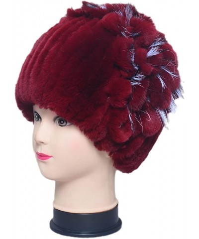 Women Winter Thick Warm Hat Outdoor Soft Fur Cap Beanies Handmade Knit Fur Caps with Flower One Size Wine Red $22.57 Skullies...