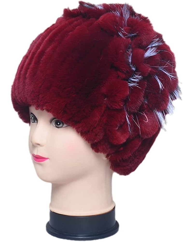 Women Winter Thick Warm Hat Outdoor Soft Fur Cap Beanies Handmade Knit Fur Caps with Flower One Size Wine Red $22.57 Skullies...