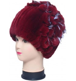 Women Winter Thick Warm Hat Outdoor Soft Fur Cap Beanies Handmade Knit Fur Caps with Flower One Size Wine Red $22.57 Skullies...