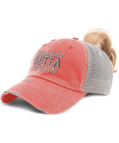 Womens Ponytail Cap Straight Outta Insulin Cotton Distressed Trucker Hats Coral $14.83 Baseball Caps