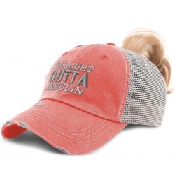 Womens Ponytail Cap Straight Outta Insulin Cotton Distressed Trucker Hats Coral $14.83 Baseball Caps