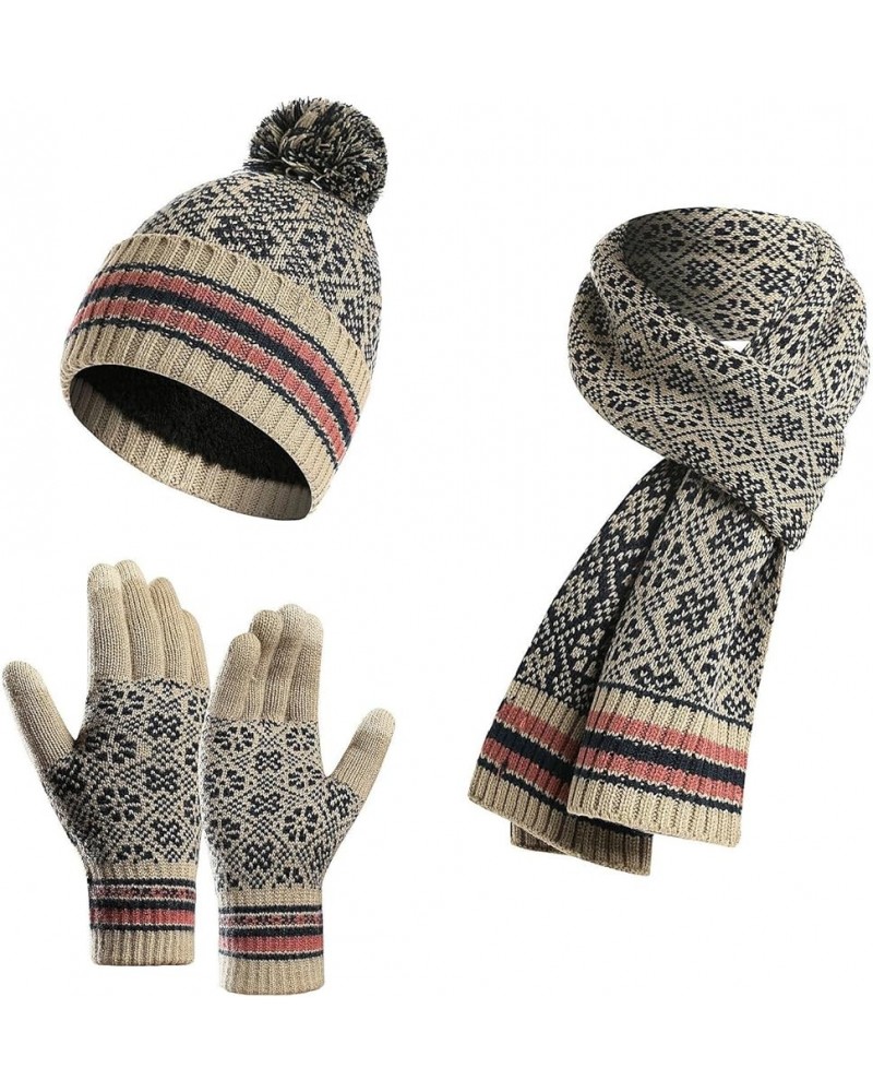 Hat Gloves Scarf Set Women Winter Warm Knitted Men Women'S Soft Stretch Beanie Hat Scarf And Mitten Set Couple Gifts Beige $2...