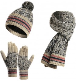 Hat Gloves Scarf Set Women Winter Warm Knitted Men Women'S Soft Stretch Beanie Hat Scarf And Mitten Set Couple Gifts Beige $2...