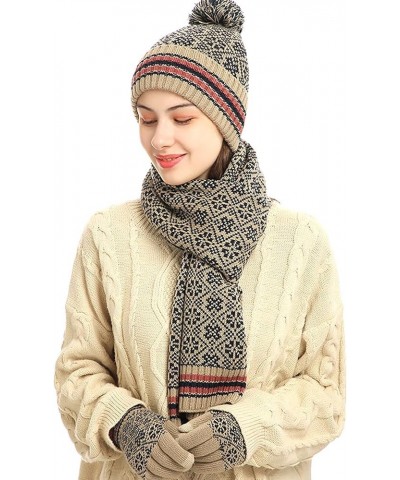 Hat Gloves Scarf Set Women Winter Warm Knitted Men Women'S Soft Stretch Beanie Hat Scarf And Mitten Set Couple Gifts Beige $2...