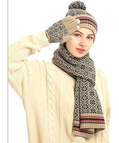 Hat Gloves Scarf Set Women Winter Warm Knitted Men Women'S Soft Stretch Beanie Hat Scarf And Mitten Set Couple Gifts Beige $2...