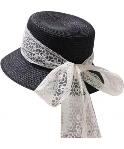 Wide Brim Flat Top Hat with Lace Boater Straw Hat for Women Summer Beach Vacation Hat, Sun Protection Hat Black $14.39 Sun Hats