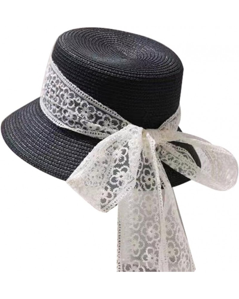 Wide Brim Flat Top Hat with Lace Boater Straw Hat for Women Summer Beach Vacation Hat, Sun Protection Hat Black $14.39 Sun Hats