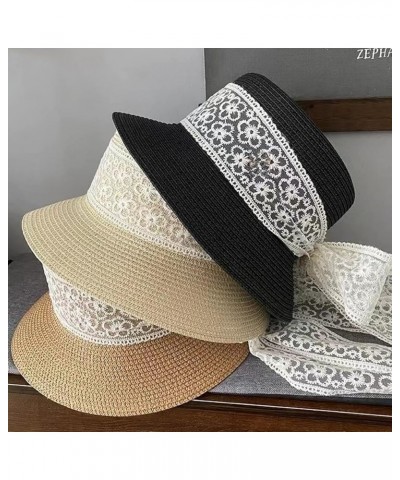 Wide Brim Flat Top Hat with Lace Boater Straw Hat for Women Summer Beach Vacation Hat, Sun Protection Hat Black $14.39 Sun Hats