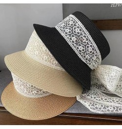 Wide Brim Flat Top Hat with Lace Boater Straw Hat for Women Summer Beach Vacation Hat, Sun Protection Hat Black $14.39 Sun Hats