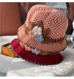 French Thicken Women's Flowers Knitted Woolen Hat, Winter Outdoor Warm Windproof Knitted Crochet Beanie Hat for Women 2pcs-f ...