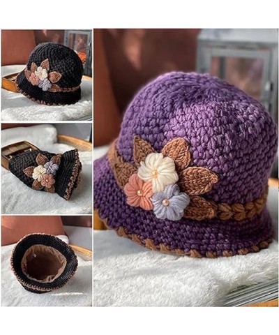 French Thicken Women's Flowers Knitted Woolen Hat, Winter Outdoor Warm Windproof Knitted Crochet Beanie Hat for Women 2pcs-f ...